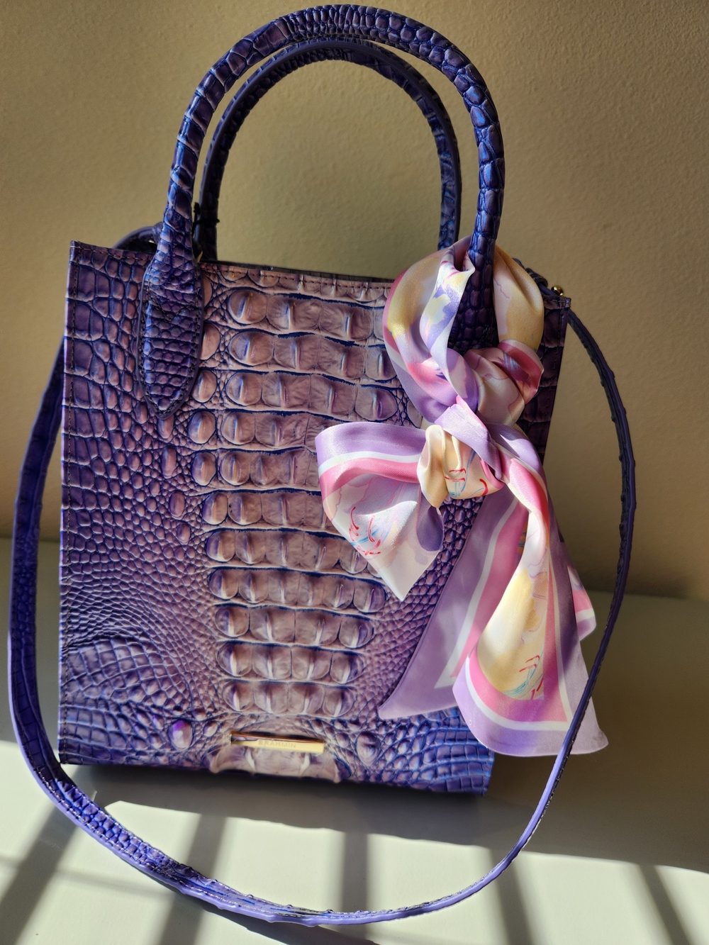 Elegant New Brahmin Purple Croc-Texture Satchel with Scarf Accent - Women Bags - Picture 7 of 8